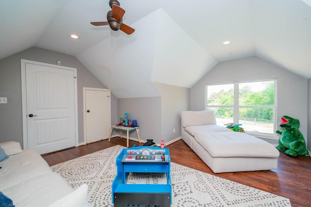 bedroom featuring recessed lighting, ceiling fan, wood finished floors, and vaulted ceiling