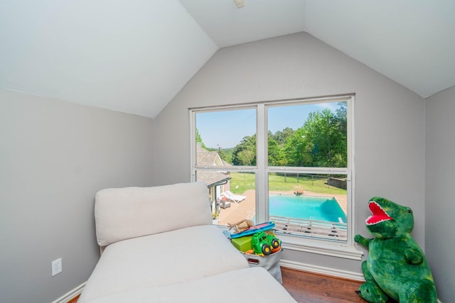 bedroom featuring wood finished floors and lofted ceiling