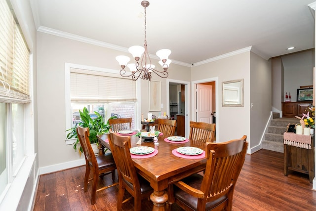 dining room featuring crown molding, baseboards, stairway, and a chandelier