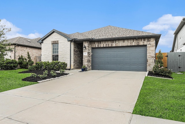 9118 Brixham Dr, Cypress, TX 77433 - french country inspired facade featuring concrete driveway, an attached garage, a shingled roof, brick siding, and stone siding