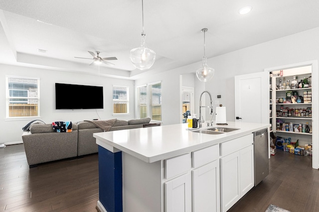 9118 Brixham Dr, Cypress, TX 77433 - kitchen with a sink, dishwasher, dark wood finished floors, a ceiling fan, and recessed lighting