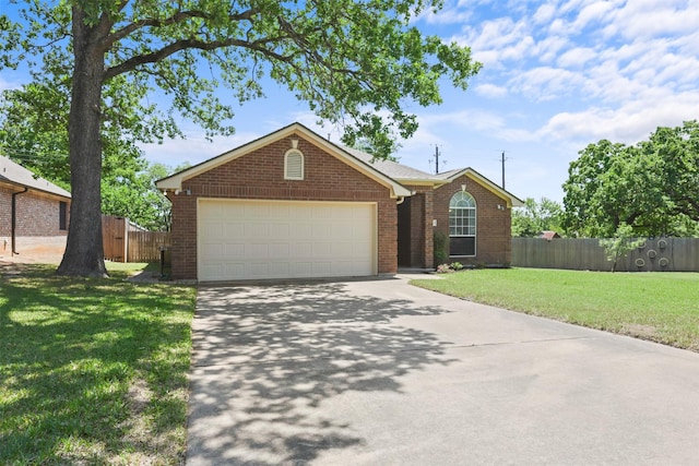 ranch-style house with a front yard, brick siding, fence, concrete driveway, and an attached garage