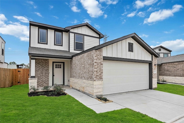 view of front of house featuring a garage, a front lawn, fence, board and batten siding, and driveway