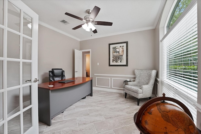 home office with visible vents, a ceiling fan, crown molding, and a healthy amount of sunlight