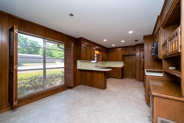 kitchen featuring a peninsula, wood walls, and plenty of natural light
