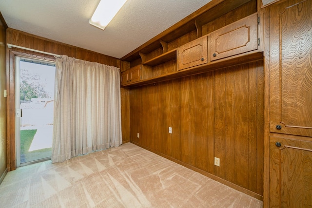 empty room with baseboards, light carpet, wood walls, and a textured ceiling
