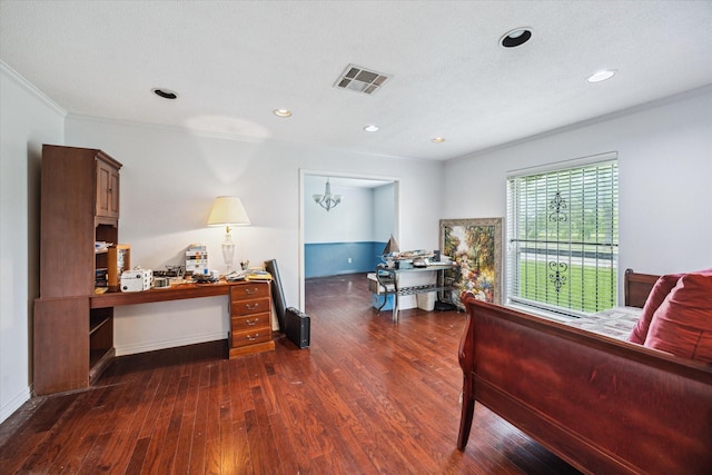 bedroom with visible vents, recessed lighting, dark wood finished floors, and crown molding