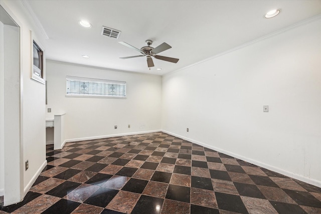 unfurnished room with crown molding, a ceiling fan, baseboards, recessed lighting, and visible vents