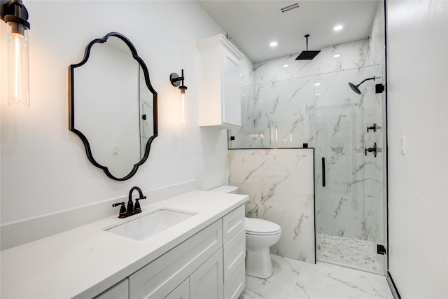 712 Sealy St, Clute, TX 77531 - full bathroom featuring visible vents, vanity, marble finish floor, toilet, and a marble finish shower