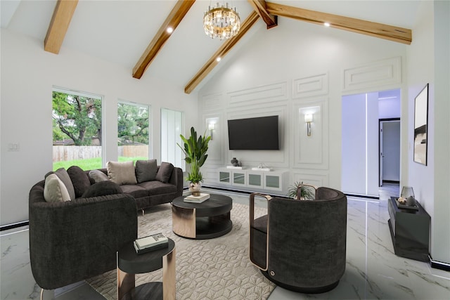 712 Sealy St, Clute, TX 77531 - living room featuring beamed ceiling, high vaulted ceiling, a chandelier, and marble finish floor