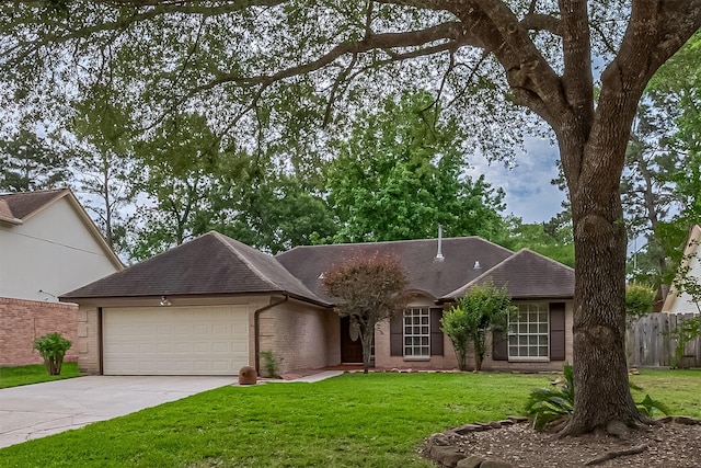 2502 Knollbrook Ln, Spring, TX 77373 - ranch-style house with a front lawn, fence, a shingled roof, concrete driveway, and an attached garage