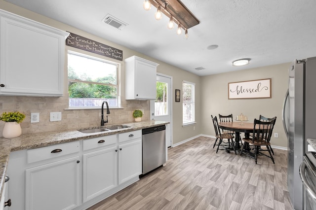 kitchen with appliances with stainless steel finishes, a sink, white cabinetry, backsplash, and visible vents