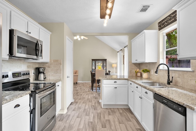 kitchen with a sink, white cabinetry, a peninsula, and stainless steel appliances