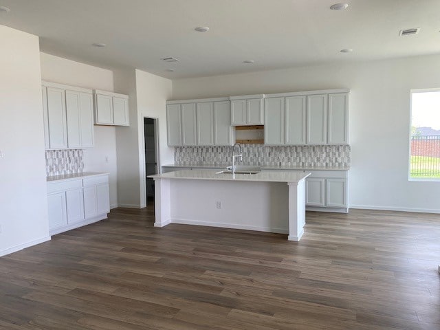 3049 Harrier Dr, Katy, TX 77493 - kitchen featuring dark wood-style flooring, a sink, an island with sink, decorative backsplash, and visible vents