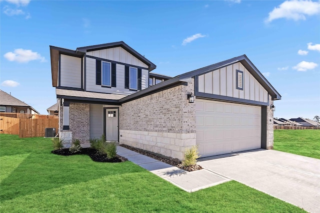view of front of property with board and batten siding, fence, concrete driveway, and a front yard