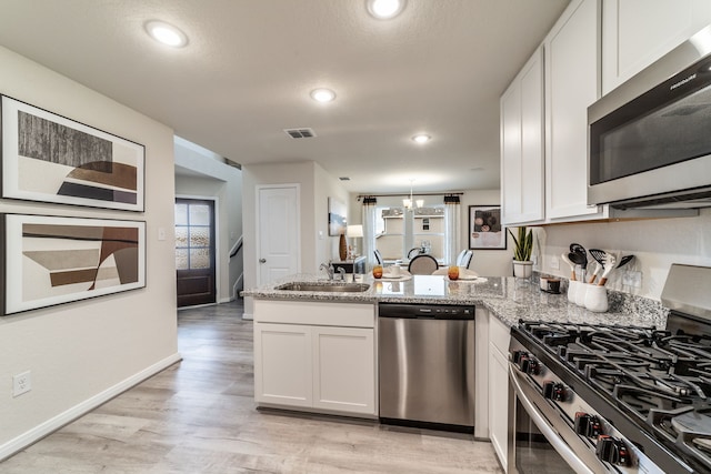 kitchen featuring light stone countertops, appliances with stainless steel finishes, a sink, a peninsula, and white cabinetry