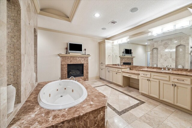 full bathroom featuring crown molding, a whirlpool tub, visible vents, and a fireplace