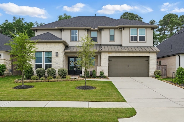 9726 Dani Lake Dr, Tomball, TX 77375 - view of front facade featuring stone siding, a garage, driveway, and a standing seam roof