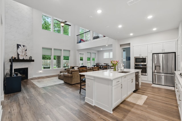 9726 Dani Lake Dr, Tomball, TX 77375 - kitchen with stainless steel appliances, a sink, open floor plan, light wood-style floors, and recessed lighting