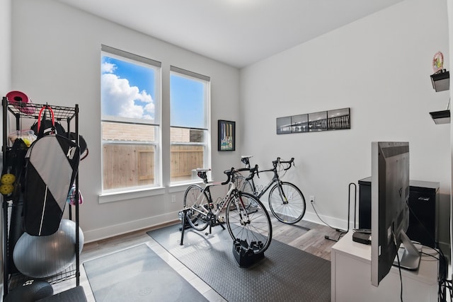 9726 Dani Lake Dr, Tomball, TX 77375 - workout room with light wood finished floors and baseboards