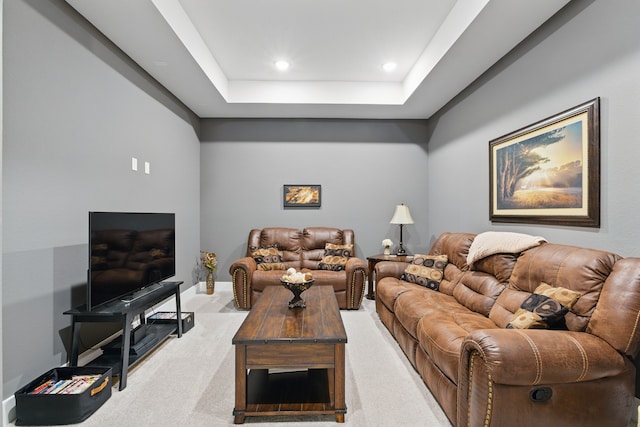 9726 Dani Lake Dr, Tomball, TX 77375 - living room featuring light colored carpet, a raised ceiling, and recessed lighting