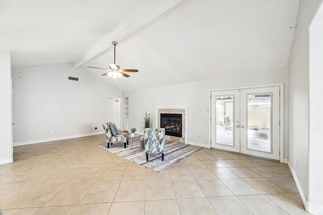 unfurnished living room featuring light tile patterned flooring, ceiling fan, visible vents, and vaulted ceiling with beams
