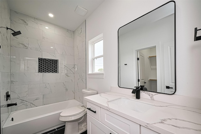 full bath featuring visible vents, vanity, toilet, shower / bathtub combination, and recessed lighting