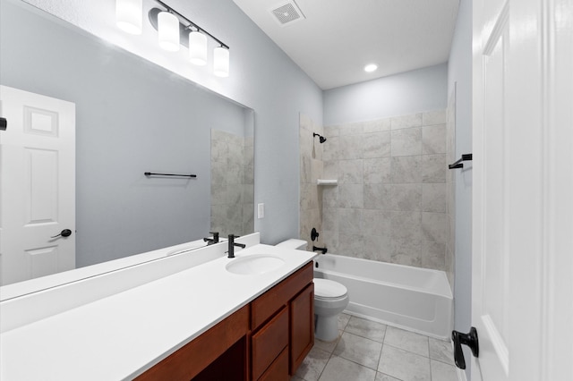 bathroom featuring visible vents, tile patterned flooring, bathtub / shower combination, vanity, and toilet