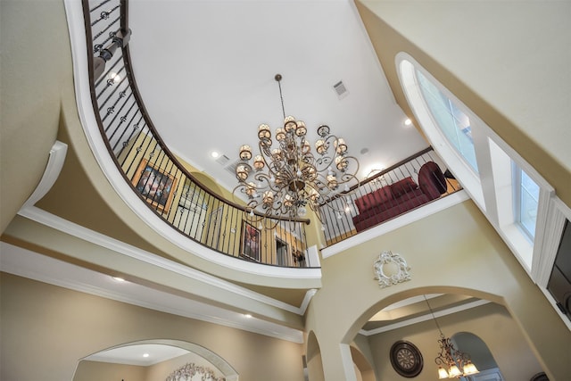 room details featuring recessed lighting, a notable chandelier, and visible vents