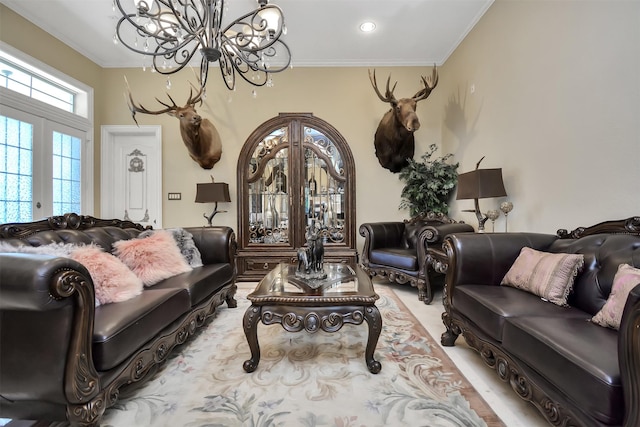 living room featuring an inviting chandelier, ornamental molding, and recessed lighting