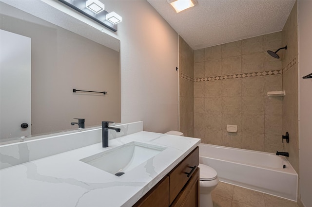 full bath featuring vanity, shower / bathtub combination, toilet, a textured ceiling, and tile patterned floors