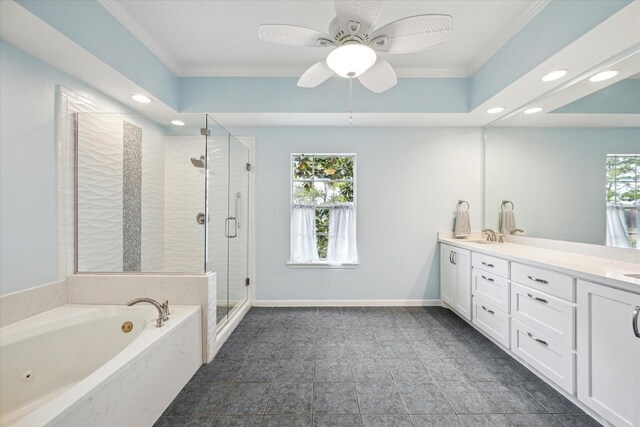 4107 Pebble Beach Dr, League City, TX 77573 - bathroom featuring crown molding, double vanity, a shower stall, a bath, and recessed lighting