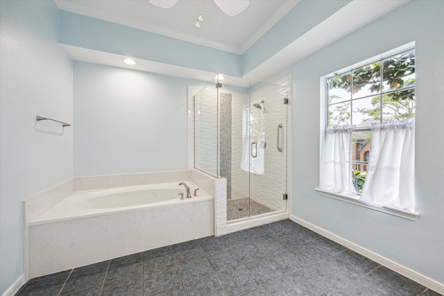 4107 Pebble Beach Dr, League City, TX 77573 - full bathroom with a garden tub, crown molding, a shower stall, and tile patterned flooring