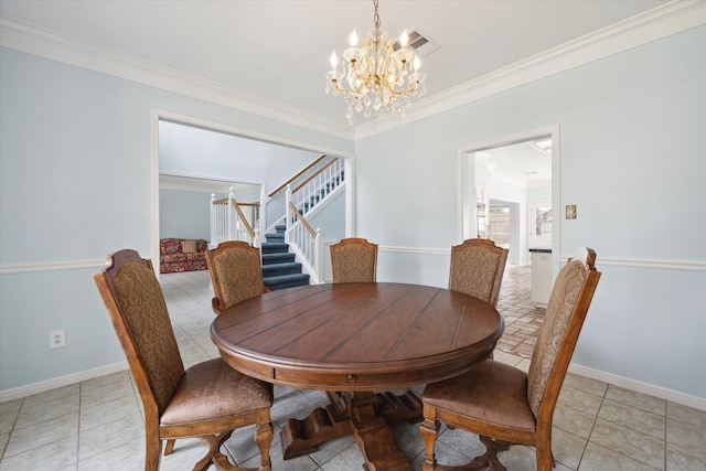 4107 Pebble Beach Dr, League City, TX 77573 - dining room featuring stairway, a chandelier, ornamental molding, baseboards, and light tile patterned flooring