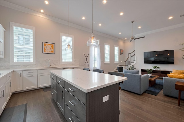 kitchen with a kitchen island, crown molding, a sink, dark wood-style floors, and white cabinetry