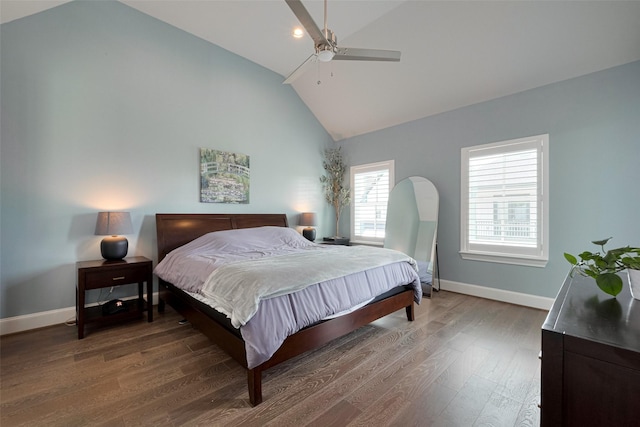 bedroom featuring baseboards, ceiling fan, wood finished floors, and high vaulted ceiling