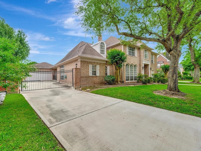 view of front of house featuring brick siding, a gate, a front lawn, and concrete driveway