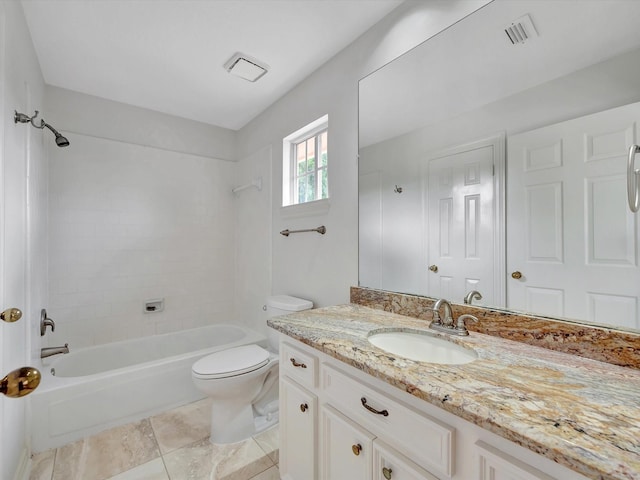 full bath featuring vanity, shower / bathing tub combination, toilet, and visible vents