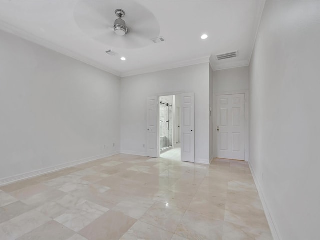 empty room with ornamental molding, a ceiling fan, recessed lighting, and visible vents