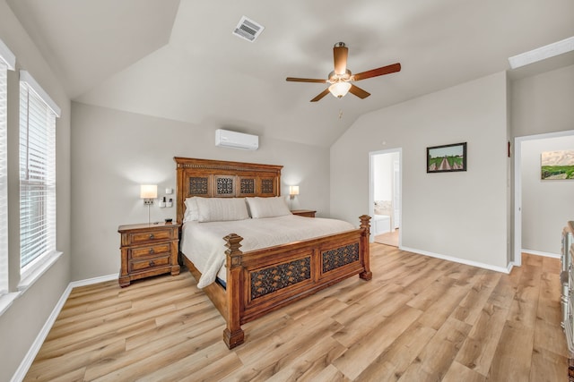 11430 Raven Claw Dr, Tomball, TX 77375 - bedroom featuring a wall mounted AC, lofted ceiling, light wood-style floors, multiple windows, and baseboards