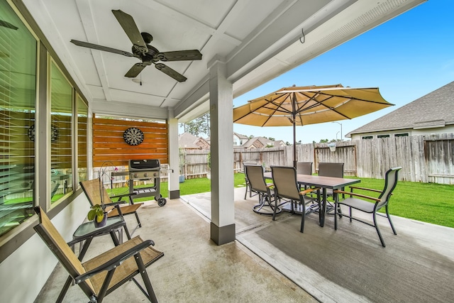11430 Raven Claw Dr, Tomball, TX 77375 - view of patio with outdoor dining space, a ceiling fan, and grilling area