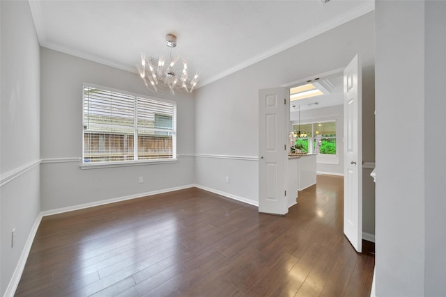 unfurnished dining area featuring ornamental molding, a notable chandelier, a wealth of natural light, and dark wood-style floors