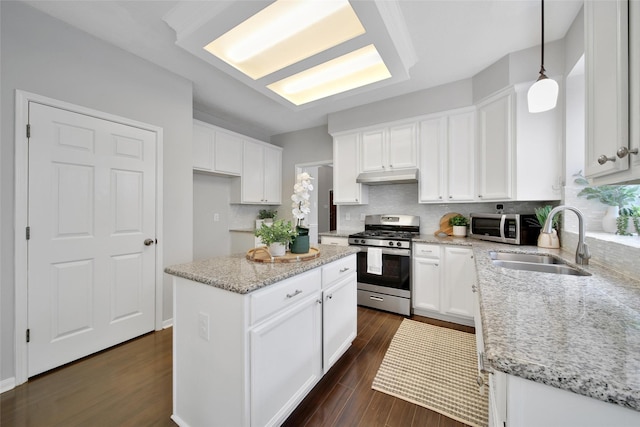kitchen with light stone countertops, a sink, stainless steel appliances, under cabinet range hood, and dark wood-style floors