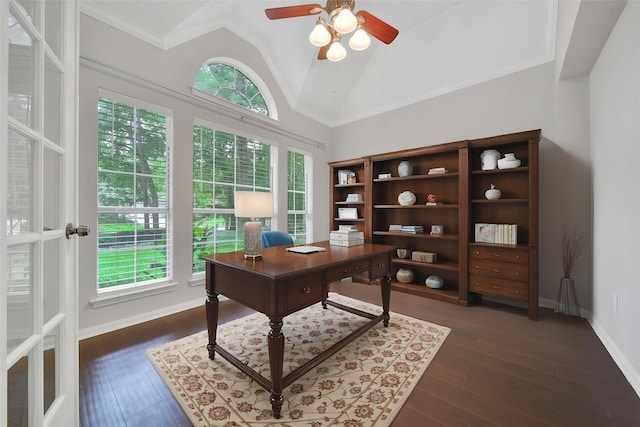home office with ceiling fan, dark wood-style floors, a healthy amount of sunlight, and lofted ceiling