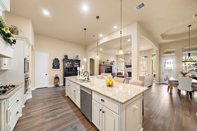 13105 Parc Cove Ct, Cypress, TX 77429 - kitchen featuring arched walkways, appliances with stainless steel finishes, dark wood-style floors, a fireplace, and recessed lighting