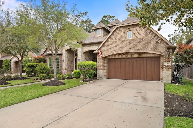 13105 Parc Cove Ct, Cypress, TX 77429 - french provincial home with brick siding, an attached garage, concrete driveway, a front yard, and roof with shingles