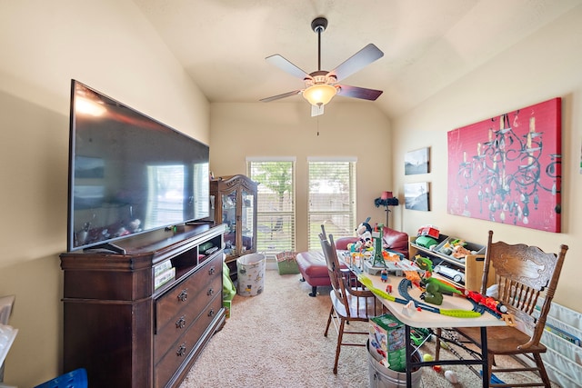 13105 Parc Cove Ct, Cypress, TX 77429 - dining room featuring ceiling fan, carpet, and vaulted ceiling