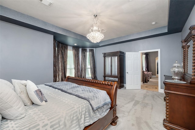 2010 Cias Trail Ln, Spring, TX 77386 - bedroom featuring light colored carpet, an inviting chandelier, a raised ceiling, baseboards, and visible vents