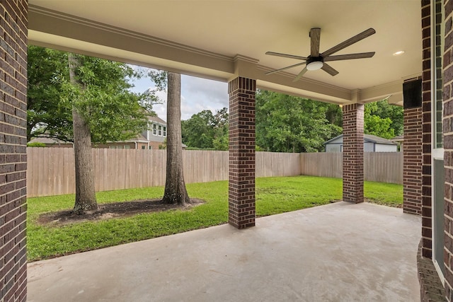 2010 Cias Trail Ln, Spring, TX 77386 - view of patio / terrace featuring a fenced backyard and a ceiling fan