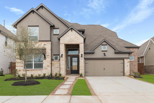 view of front facade featuring stucco siding, a front yard, and stone siding